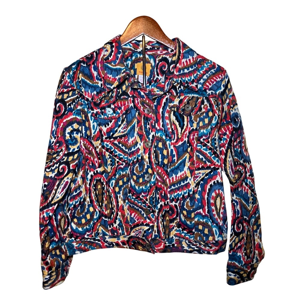 Ruby Rd Jacket Womens 16 Vibrant Bold Multi Color Paisley Ikat Print Button Up